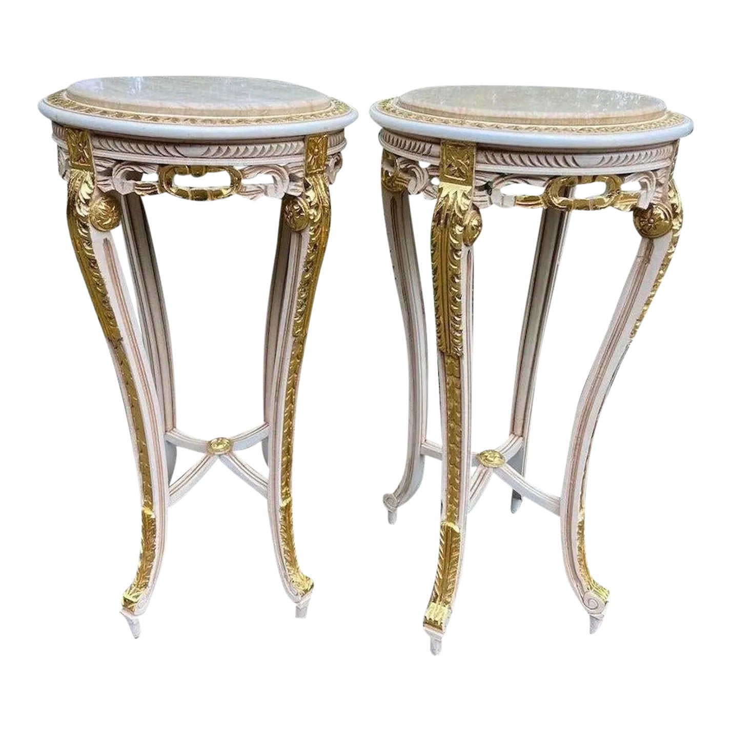 Pair of Vintage Louis XVI Marble-Top Side Tables in Antique White and ...