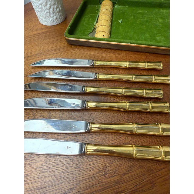 1960s Vintage SCC Gold Electroplated Handles, Bamboo Steak Knives - A Set of 6 For Sale - Image 5 of 11