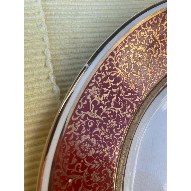 Red Vintage Dresden Duchess by Harker Floral Scrolled Dinner Plates With 22k Gold Trim- Set of 7 For Sale - Image 8 of 9
