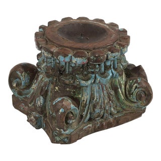 Antique Carved Wooden Column Base Distressed Candle Holder For Sale