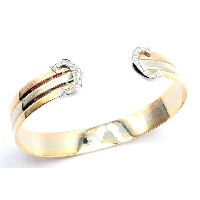 Cartier 1980s Cartier Tri-Color Gold Diamond Double C Cuff Bangle Bracelet For Sale - Image 4 of 12