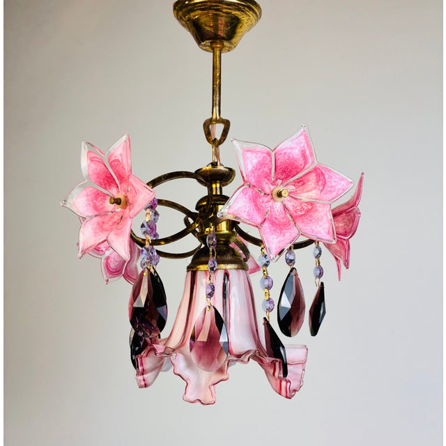 Vintage Pink Murano Style Flower Chandelier / Hand Redesigned / Burgundy Crystal Drops / 1 Light Brass Ceiling Lamp For Sale - Image 9 of 18