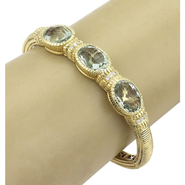 The Judith Ripka Prasiolite Diamond 18k Gold 3 Stones Hinged Cuff Bracelet is a stunning piece of vintage fine jewelry....