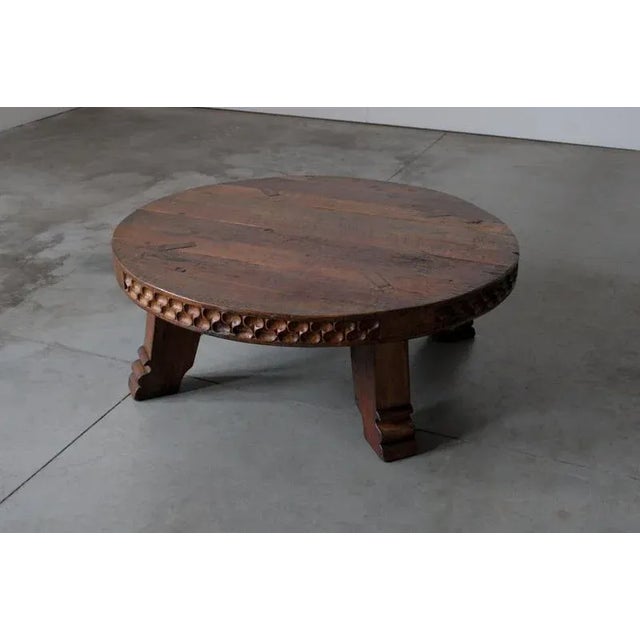 Brown Rustic Round Carved Oak Coffee Table, Netherlands, 1950s For Sale - Image 8 of 8