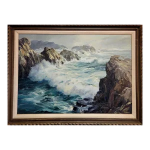 Joshua Meador -California Costal Rocks & Crushing Waves-Oil Painting