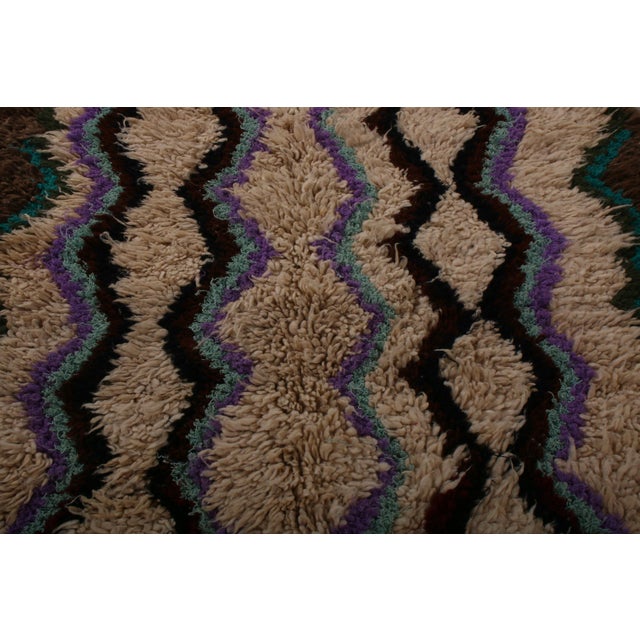 Vintage Moroccan Tribal Geometric Beige Brown and Blue Wool High Pile Rug For Sale In New York - Image 6 of 7