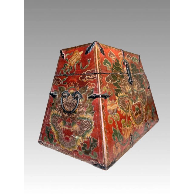 Large Certified Antique Red Lacquer Chinese Trapezoid Dragon & Cloud Box / Iron Bound Wood Chest With Original Iron Fittings For Sale - Image 4 of 10