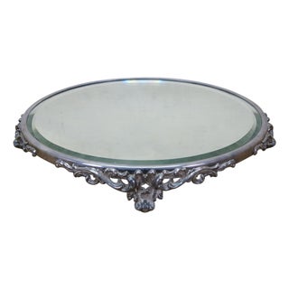 Antique Art Nouveau Round Acanthus Plateau Mirror Dresser Bar Vanity Tray 13" For Sale