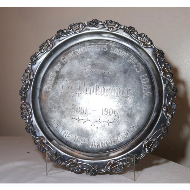 Share Big Antique 1881 Ornate Art Nouveau Masonic Silver-Plate Lodge Award Trophy Dish For Sale - Image 4 of 12