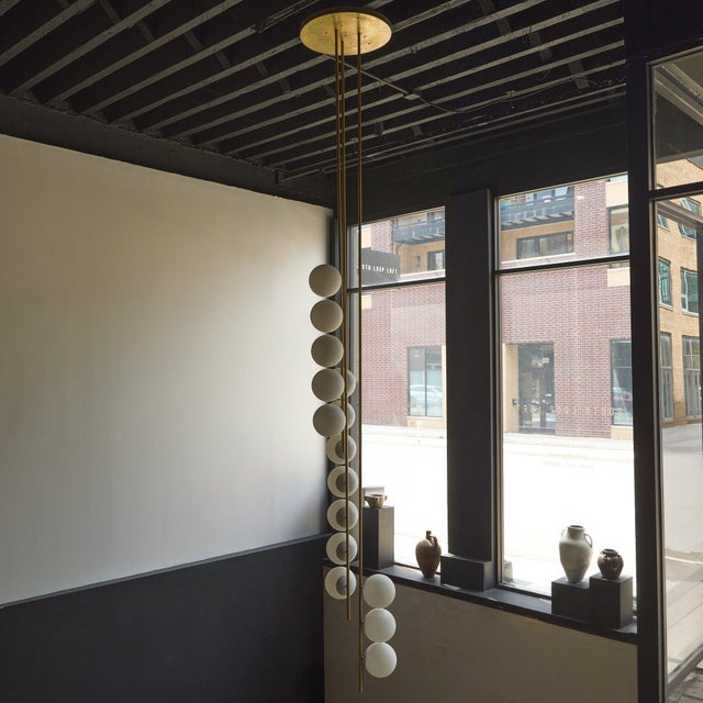 Modern Brass + Opaline Glass Globe Chandelier by South Loop Loft For Sale - Image 3 of 8