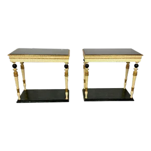 Pair of Maison Jansen Console Tables, Neoclassical, Marble Top, Paint Decorated