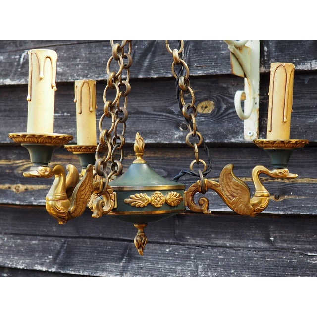 1970s Mid-Century French Empire Style Bronze 3-Branch Swan Chandelier by Lucien Gau, 1970s For Sale - Image 5 of 18