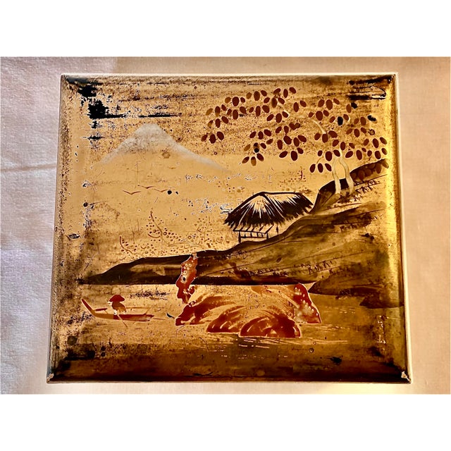 Vintage 1920'-1940's gold lacquered wood hinged box with charming landscape scene including Mt. Fuji.
