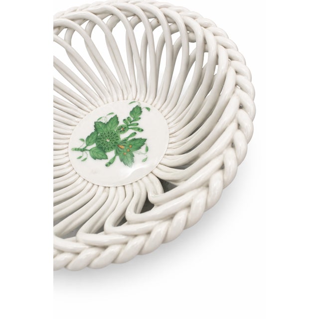 Gold Vintage Handpainted Apponyi Green 7373 Openwork Porcelain Basket from Herend, Hungary, 1970s For Sale - Image 8 of 10