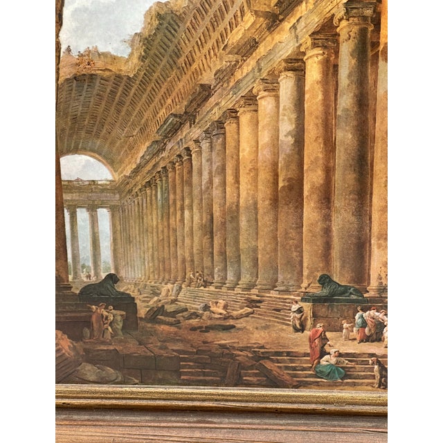 Decorative framed architectural print featuring a grand classical colonnade with rich warm brown, gold, and neutral tones....