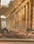 Decorative framed architectural print featuring a grand classical colonnade with rich warm brown, gold, and neutral tones....