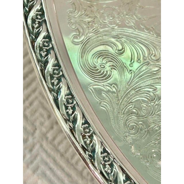 Silver 1960’s “Spring Flowers” Wm. Rogers & Son Silver Plate Gallery Tray Lazy Susan For Sale - Image 8 of 12