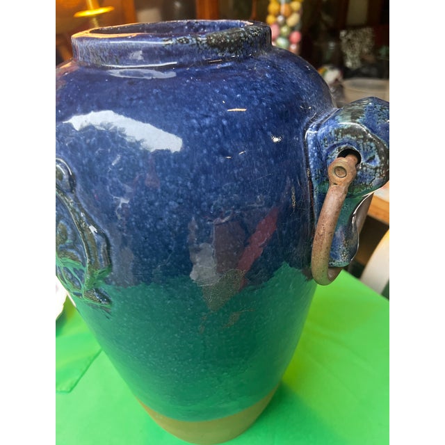 Boho Chic 1970s Oversized Blue Ceramic Vase With Metal Ears For Sale - Image 3 of 11