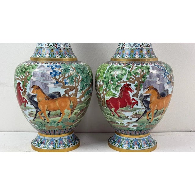 Chinese Pair of Chinese Cloisonne Enamel Horse Vases Gold Scrolls Horses Equestrian For Sale - Image 3 of 8