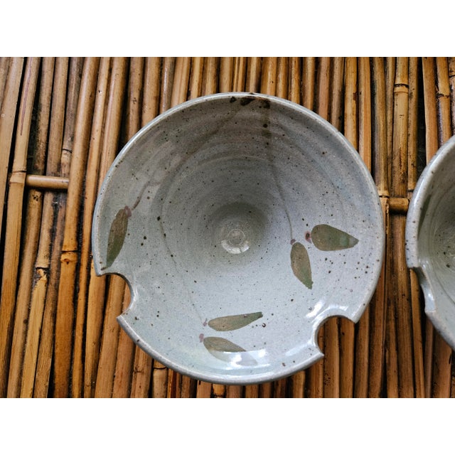 Sage green glazed studio pottery Japanese style Ramen bowls. Lovely modern leaf design. Potter’s mark and signature are...