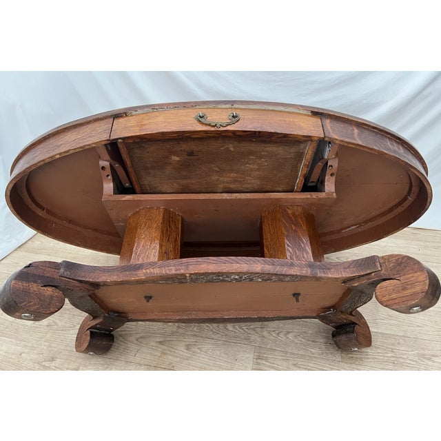 Antique Oval Coffee Table Tiger Oak Center Drawer Shelf Columns Empire Style For Sale - Image 11 of 11