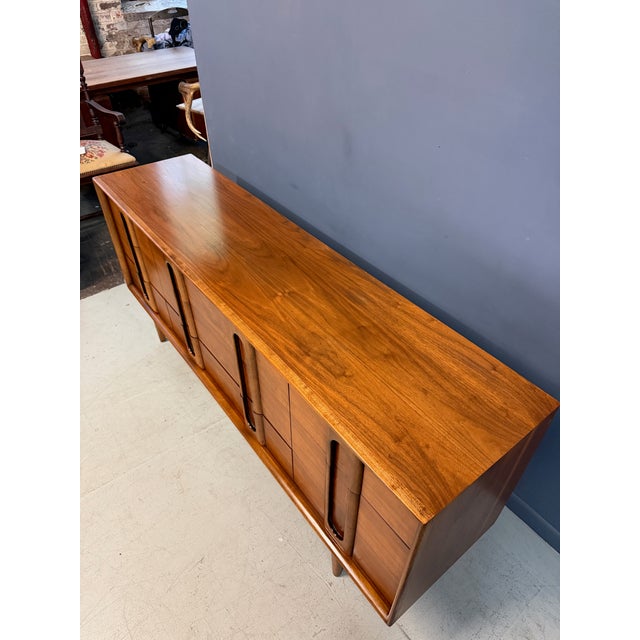 Wood Lane Summit Mid Century Modern 9 Drawer Dresser, Walnut Lowboy With Burl Inserts For Sale - Image 7 of 13