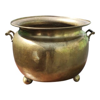 Large Russian Hand Hammered Brass Two Handle Footed Jardiniere Planter For Sale