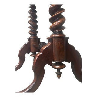 19th C English Burl Walnut Sewing Table Barley Twist Legs 1857 For Sale