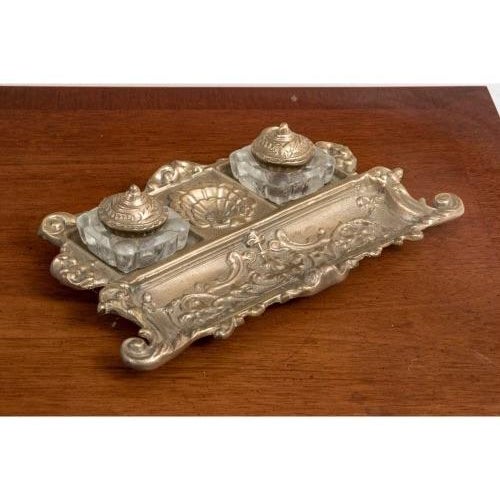 Vintage Rococò Style Brass and Crystal Double Inkwells and Stand For Sale - Image 10 of 10