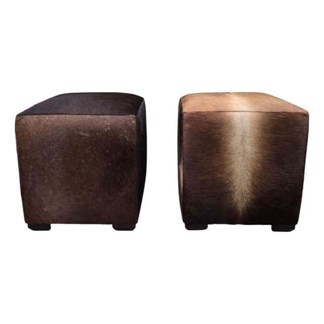 Mid 20th Century Cube Ottomans Newly Reupholstered in Genuine Hair-on-Hide Steer Hide - Pair For Sale