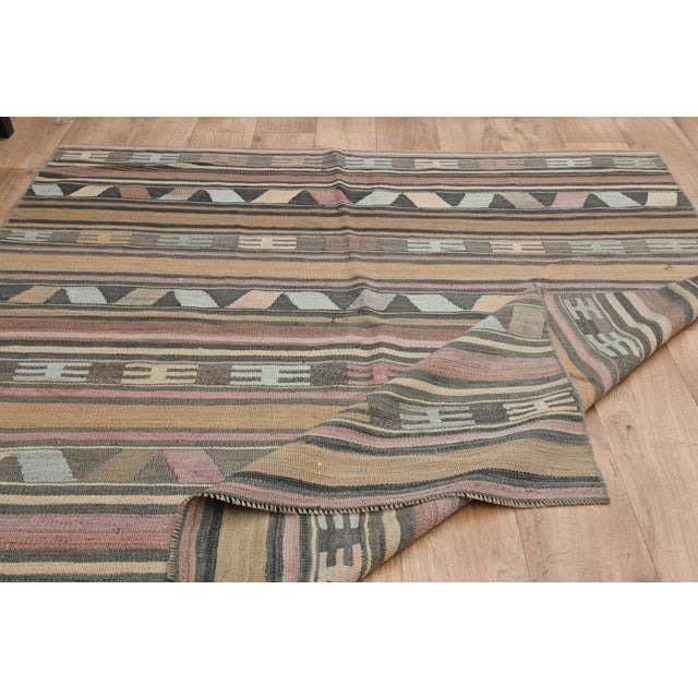 1970s Vintage Turkish Oushak Handmade Wool Cotton Brown Kilim Rug For Sale - Image 4 of 11