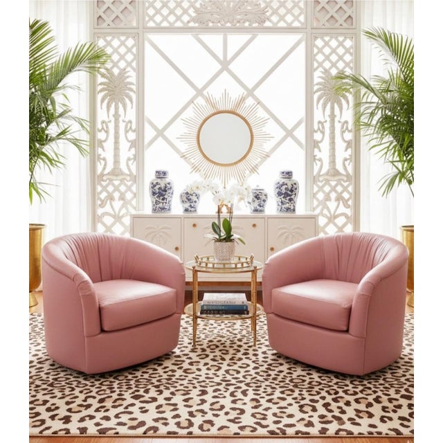 Animal Skin 1980s Dusty Rose Leather Swivel Dorothy Draper Style Club Chairs- A Pair For Sale - Image 7 of 9