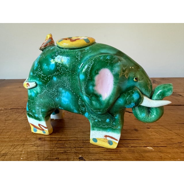 Green Pair of Sculpted Ceramic/Clay Whimsical Lion & Elephant Candlesticks For Sale - Image 8 of 15