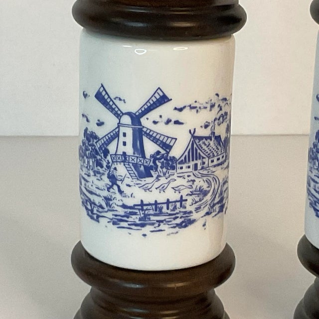 Boho Chic Mid-Century Delft Ceramic and Wood Salt & Pepper Mills - Set of 2. For Sale - Image 3 of 8
