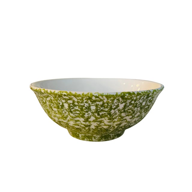 Farmhouse Large Vintage Italian Green Spongeware Stoneware Bowl | 13.25” Classical Schizzato Spatterware Serving Bowl | Rustic Farmhouse Ceramic Décor For Sale - Image 3 of 8