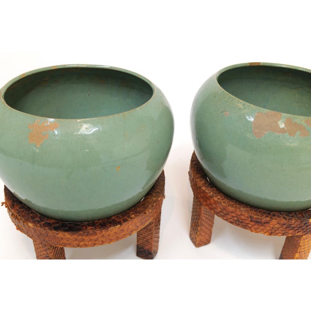 Pair of Vintage Mint Green Ceramic Planters on Wrapped Wood Stands For Sale - Image 11 of 17