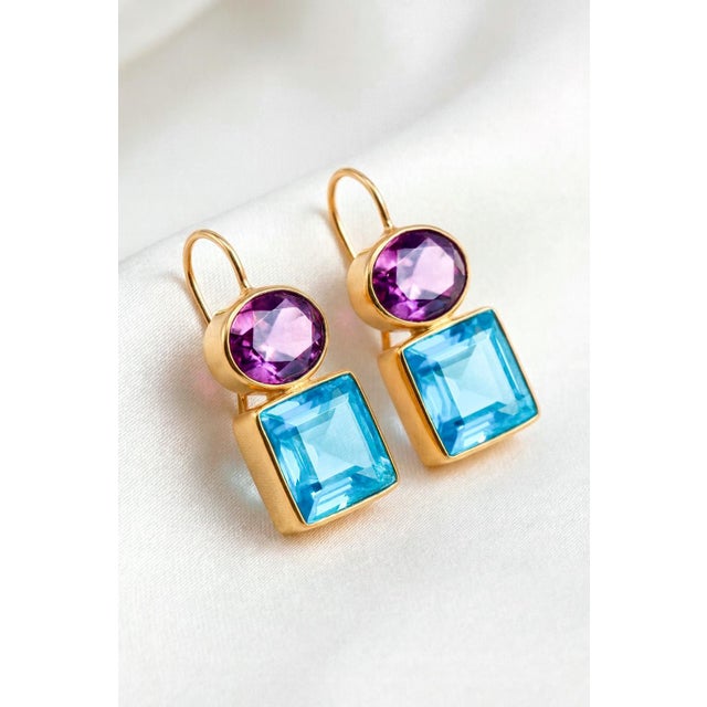 Modern Topaz and Amethyst Gold, Silver Earrings, A Pair For Sale - Image 3 of 8