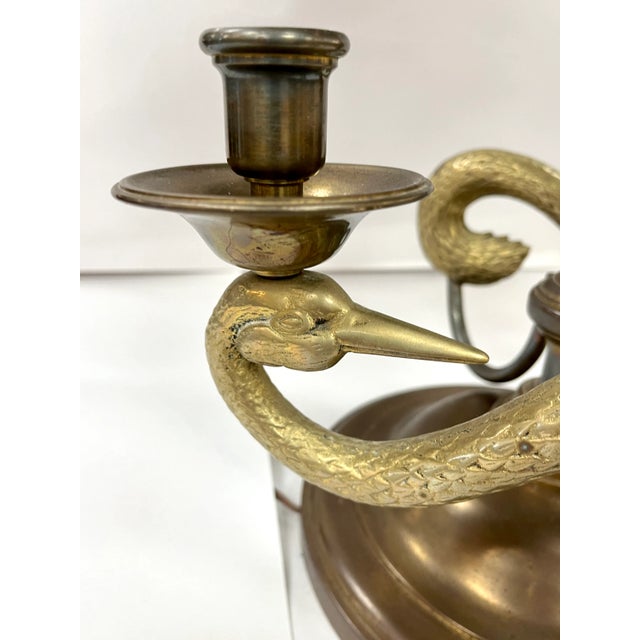 Late 20th Century Vintage Chapman Brass Swan Candlestick Lamp With Tole Lampshade For Sale - Image 5 of 12