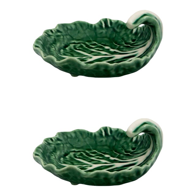 Bordallo Pinheiro Cabbage Leaf Dish With Curvature 4", Green, Set of 2 For Sale