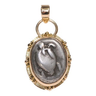 A Greek Stater Silver [Coin] of a Turtle W/ 18k Gold Trim & Orbs For Sale