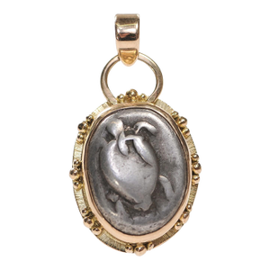 A Greek Stater Silver [Coin] of a Turtle W/ 18k Gold Trim & Orbs