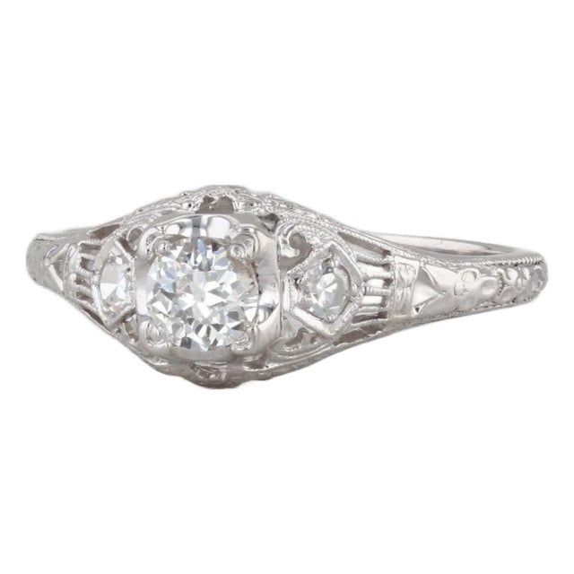 Early 20th Century Art Deco Traub Orange Blossom 0.37ct Diamond Engagement Ring 18k White Gold, Size 7 For Sale