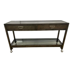 Baker Furniture Wood Sofa Console Entry Table on Casters With Glass Top and Drawers