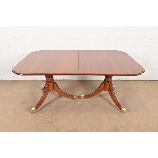 Wood Henkel Harris Style Georgian Solid Cherry Wood Double Pedestal Extension Dining Table, Newly Refinished For Sale - Image 7 of 13