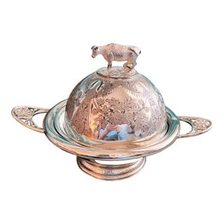 Antique Victorian Quadruple Silverplate Butter Cooler With Cow Finial and Butter Knife by Meriden Brittania Co. For Sale
