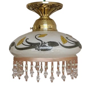Small Vintage Ceiling Lamp with Decorated Brass Mounting with Patterned Glass Screen with Glass Hanging, 1990s For Sale
