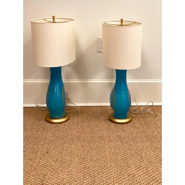 Metal Vintage Mid 20th Century Aqua Murano Glass Lamps - a Pair For Sale - Image 7 of 10
