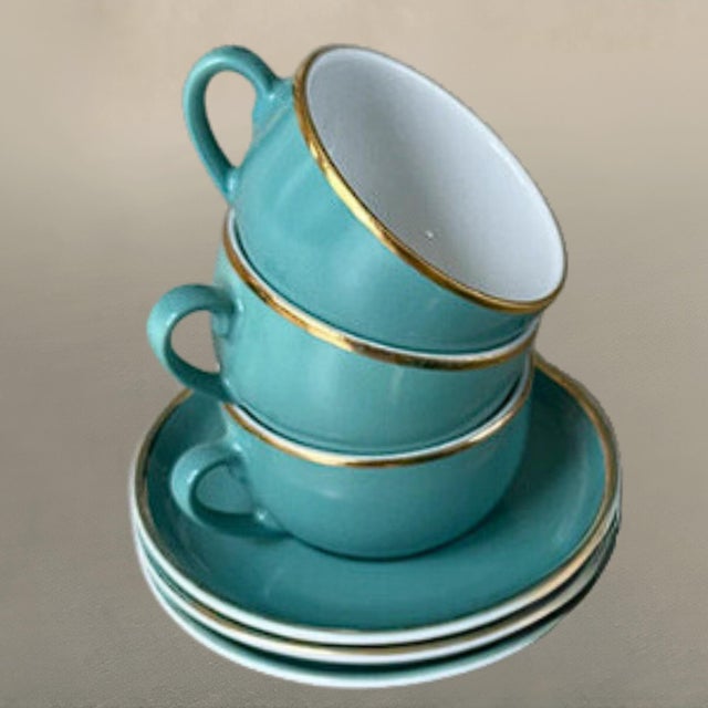 Vintage Coffee Cups in Turquoise Green Porcelain with Gold Detailing from Mitterteich Bavaria, 1950s, Set of 12 For Sale - Image 4 of 11