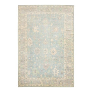 Contemporary Hand-Knotted Wool Oushak Rug in Blue, Ivory & Muted Beige For Sale