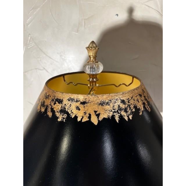 1 John Richard Lamp; Carved and Painted Wood, Black and Gold Leaf, Crystal and Brass Finial, Black Paper Shade with Gold...